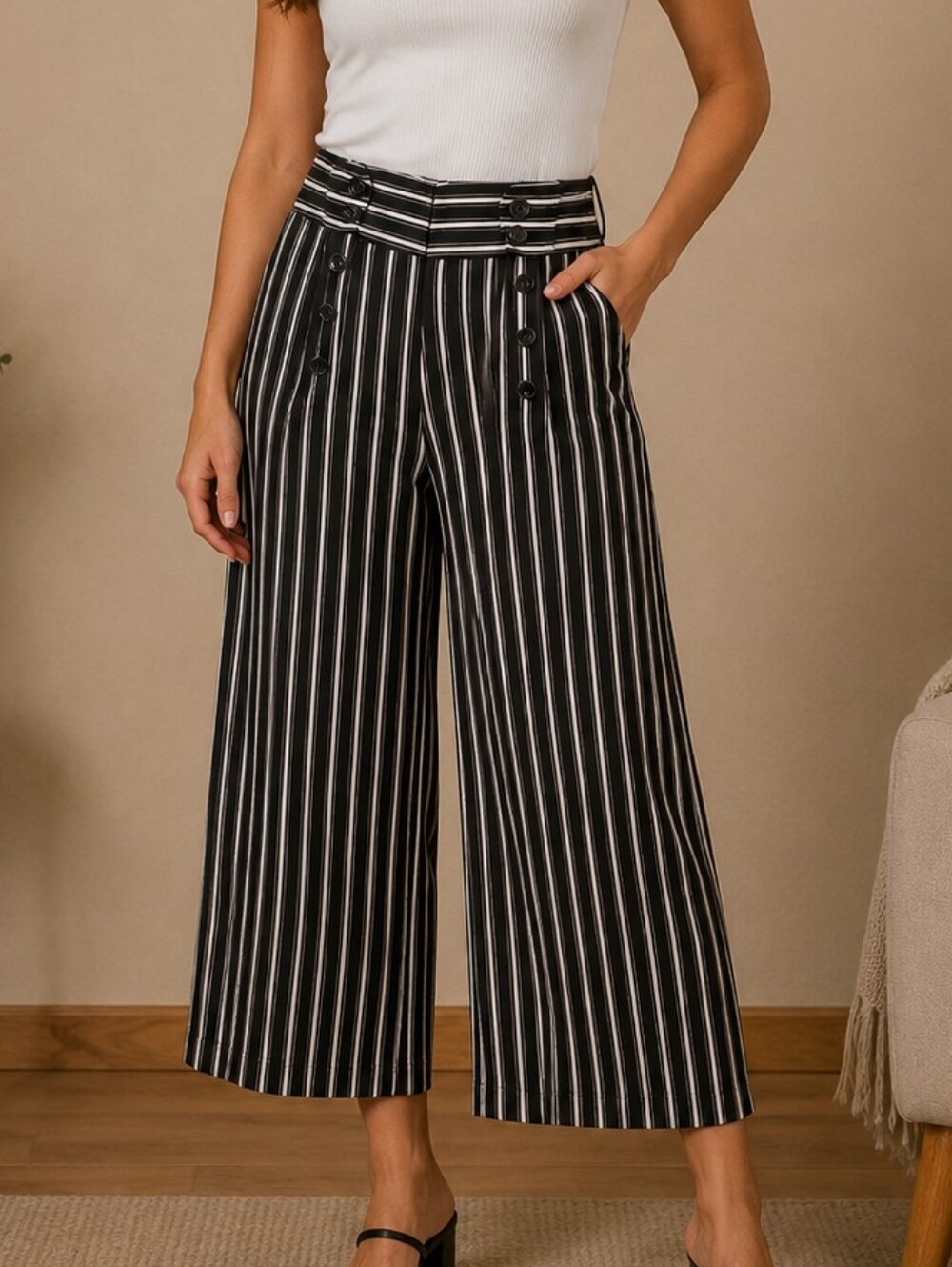 Robert Louis Black and White Vertical-Stripe Wide Leg Pants